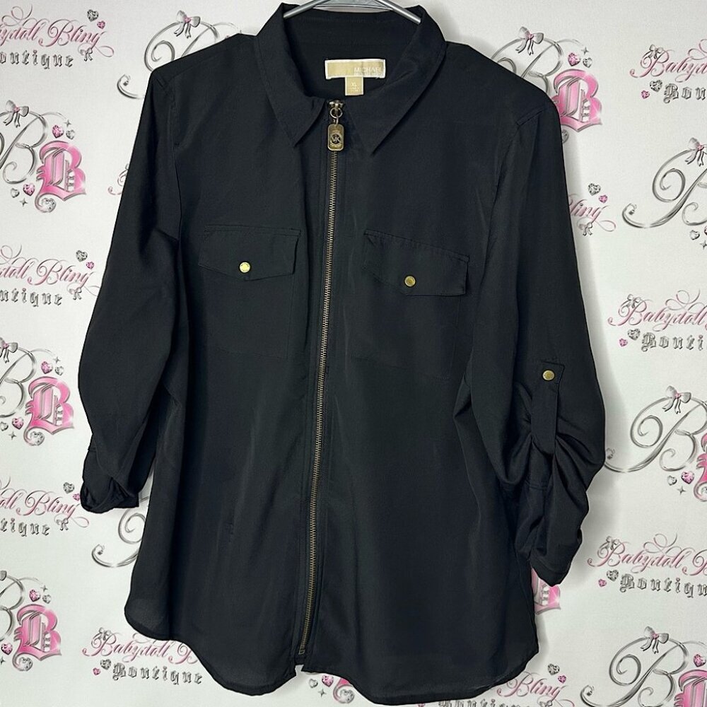 Micheal kors top Black zip up blouse gold hardware MK logo zipper